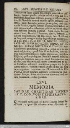 LXVI. Memoria Sabinae Christinae Vietoris V. C. coniugis desideratissimae
