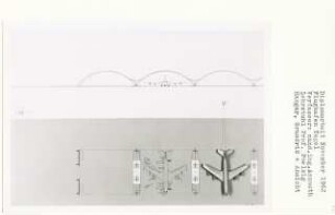 Flughafen Tegel, Berlin-Reinickendorf (Diplomarbeit bei Peter Poelzig): Hangar, Grundriss und Ansicht