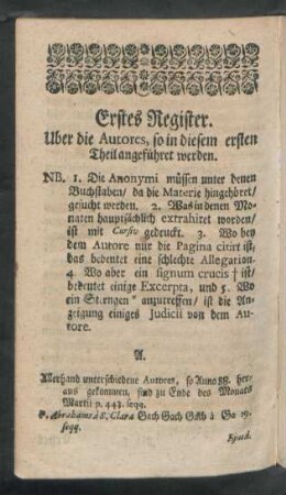 Erstes Register. Uber die Autores, so in diesem ersten Theil angeführet werden.