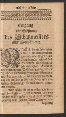 Eingang zur Eröfnung des Schatzmeisters aller Complimente.