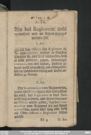 X. Tit. Wie das Reglemenbt wohl verwahret und an keinen gezeiget werden soll.