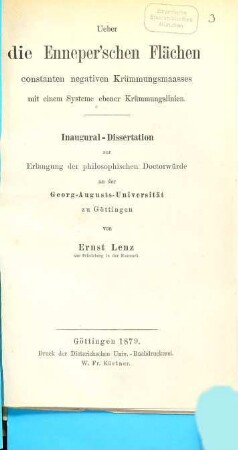 Über die Enneper'schen Flächen constanten negativen Krümmungsmaasses mit einem Systeme ebener Krümmungslinien : Inaug. Diss.