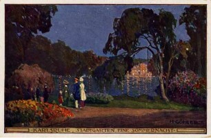 Postkartenalbum mit Motiven von Karlsruhe. "Karlsruhe, Stadtgarten, eine Sommernacht". Stadtgartensee mit Passanten
