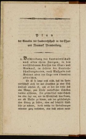 Plan der Annalen der Landwirthschaft in der Chur- und Neumark Brandenburg