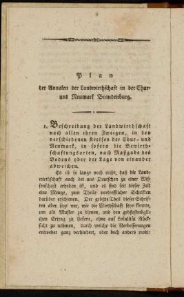 Plan der Annalen der Landwirthschaft in der Chur- und Neumark Brandenburg