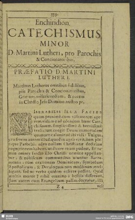 Enchiridion. Catechismus Minor D. Martini Lutheri, pro Parochis & Concionatoribus