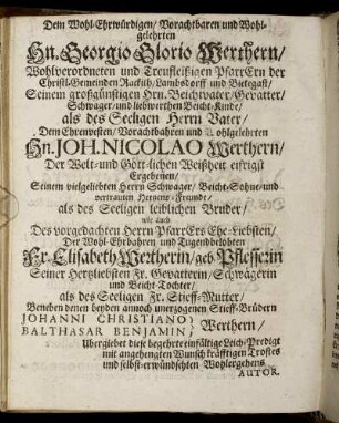 Dem [...] Hn. Georgio Glorio Werthern/ [...] Hn. Joh. Nicolao Werthern/ [...]