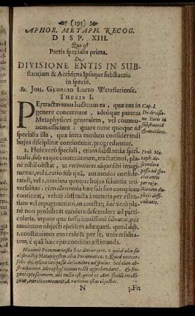 Disp. XIII. Quæ est Partis specialis prima. De Divisione Entis In Substantiam & Accidens Ipsaque substantia in specie.