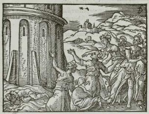 König Pyreneos und die Musen : Solis, Virgil der Ältere: König Pyreneos und die Musen. Aus den "Metamorphosen des Ovid" (1563). Holzschnitt; 62 x 81 mm. Dresden: Kupferstich-Kabinett A 4205-139 in A 169 a, B. 7, A. 15, 62