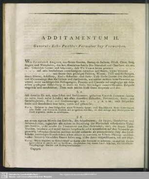 Additamentum II. General-Erb-Pachts-Formular bey Vorwerken