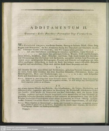 Additamentum II. General-Erb-Pachts-Formular bey Vorwerken