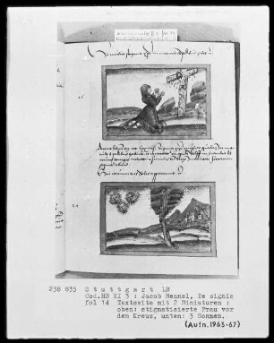 Jacobus Mennel, De signis portentis atque prodigiis — Zwei Miniaturen, Folio 14recto