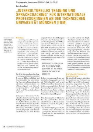 "Interkulturelles Training und Sprachcoaching" für internationale Professor(inn)en an der Technischen Universität München (TUM)