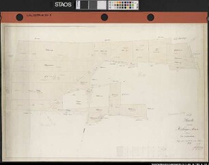 Teilung der HOLLAGEr Mark Karte Nr. 5 von der Hollager Mark Revier: Die Nattenheide Ausführungs-Art: farbige Handzeichnung auf Karton, auf Büttenpapier aufgezogen Hersteller: vermessen und kartiert durch Geometer Fr. Lorenz Format: 65,5 x 98,2 cm Maßstab: 1 : 1500