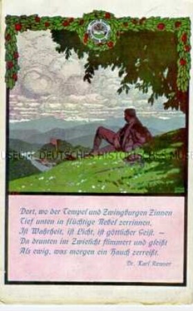 Ansicht eines Wanderers bei der Rast auf einer Bergwiese, mit Gedicht