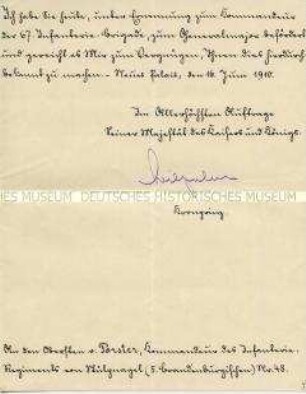Beförderungsschreiben zum Generalmajor und Ernennung zum Kommandeur der 67. Infanterie-Brigade