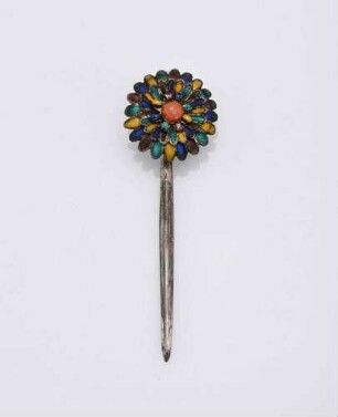 Haarnadel aus Silber mit emaillierter Blüte, "Eun paran duikkoji" 은파란뒤꽂이