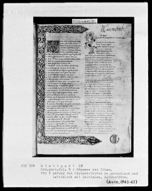 Ilias und Odyssee, griechisch und lateinisch — Initiale V und Halbbordüre, Folio 1recto