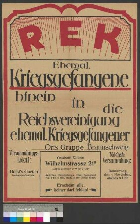 Werbeplakat mit Aufruf zum Beitritt in die Reichsvereinigung ehemaliger Kriegsgefangener (REK)