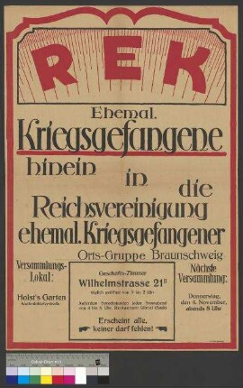 Werbeplakat mit Aufruf zum Beitritt in die                                     Reichsvereinigung ehemaliger Kriegsgefangener (REK)