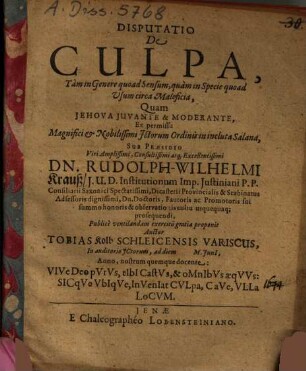 De culpa tam in genere quoad sensum quam in specie quoad usum circa maleficia