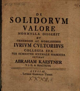 Programma quo de solidorum valore nonnulla disserit Abrah. Kaestner