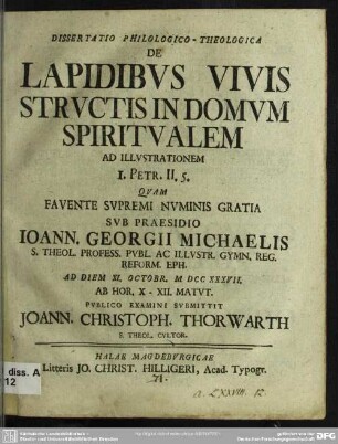Dissertatio Philologico-Theologica De lapidibus Vivis Structis In Domum Spiritualem Ad Illustrationem I. Petr. II. 5.