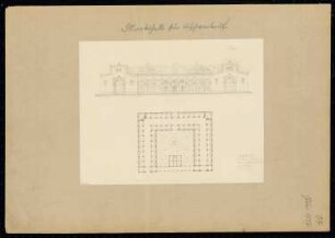 Fischmarkthalle Monatskonkurrenz Mai 1837: Grundriss Erdgeschoss, Aufriss Hofansicht; Maßstabsleiste