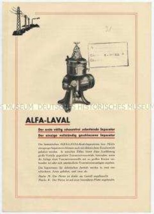 ALFA-LAVAL Der erste völlig schaumfrei arbeitende Separator / Der einzige vollständig geschlossene Separator