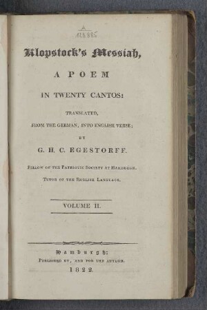 Volume II: Klopstock's Messiah : A Poem In Twenty Cantos