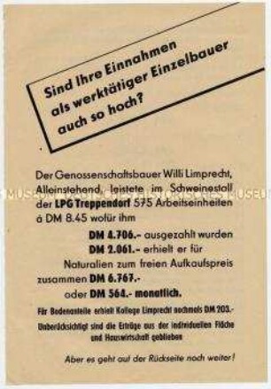 Flugblatt der SED Rudolstadt für Eintritt in die LPG, mit Vergleich der Einkommen von LPG- und Einzelbauern