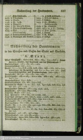 Nachweisung der Hausnummern in den Straßen und Gassen der Stadt und Vorstadt