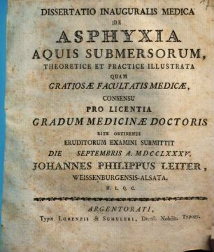 Dissertatio Inauguralis Medica De Asphyxia Aquis Submersorum ...