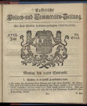 39. Stueck, Montag den 25ten Septembr. 1758