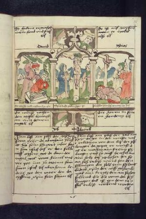 (1) Antitypus: Maria und Johannes unter dem gekreuzigten Christus; Typen: (2) Abraham opfert Isaak; (3) Aufrichtung der ehernen Schlange; (4) Propheten-Brustbilder