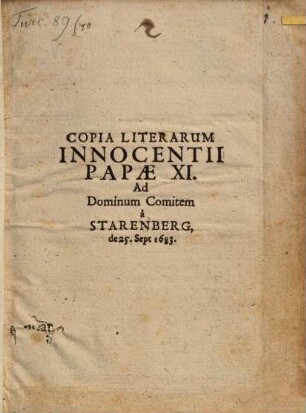 Copia literarum ad dominum Comitem à Starenberg de 25. Sept. 1683