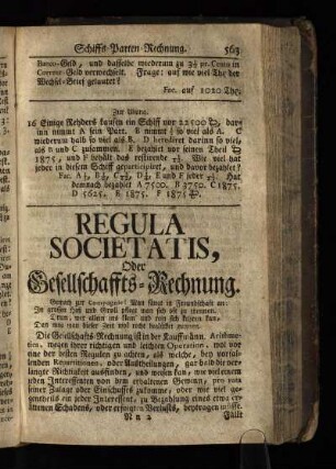 Regula Societatis oder Gesellschafts-Rechnung