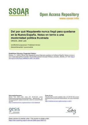 Del por qué Maquiavelo nunca llegó para quedarse en la Nueva España. Notas en torno a una modernidad política frustrada