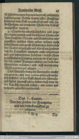 Das V. Capitel. Von den Zeichen der Frantzosen, und wie solche Kranckheit zu erkennen