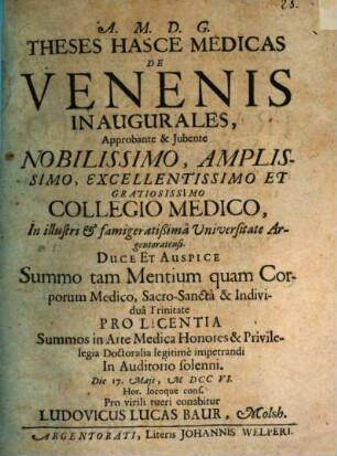 Theses hasce medicas de venenis inaugurales