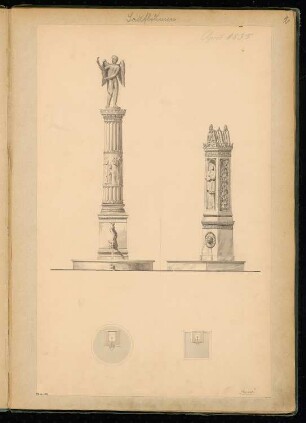 Laufbrunnen, Berlin Monatskonkurrenz April 1855: 2 Varianten in Grundriss und perspektivische Ansicht, bzw. Aufriss