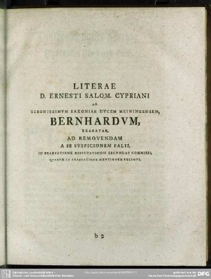 Literae D. Ernesti Salom. Cypriani Ad Serenissimum Saxoniae Ducem Meiningensem, Bernhardum, Exaratae, Ad Removendam Falsi