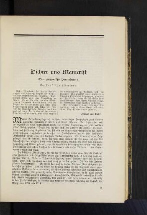Dichter und Manierist Eine zeitgemäße Betrachtung. Von Ernst Adolf Greiner.