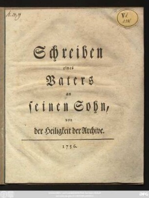 Schreiben eines Vaters an seinen Sohn, von der Heiligkeit der Archive