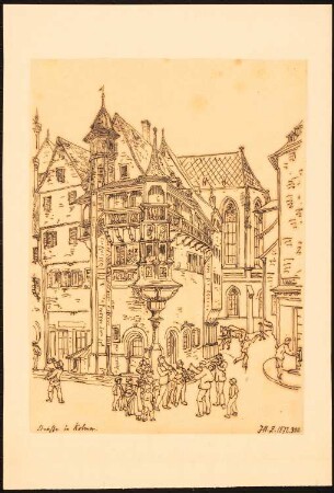 Gotisches Eckhaus und Straße, Colmar: Perspektivische Ansicht mit Figurenstaffage, Durchzeichnung nach: Illustrirte Zeitung, 1872, 300