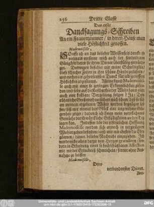 Das erste Dancksagungs-Schreiben An ein Frauenzimmer, in deren Haufe man viele Höflichkeit genossen.