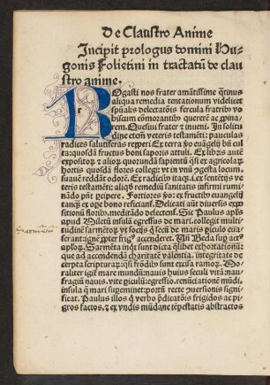 Incipit prologus domini Hugonis Folietini in tractatum de claustro anime.