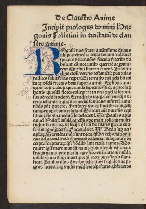 Incipit prologus domini Hugonis Folietini in tractatum de claustro anime.