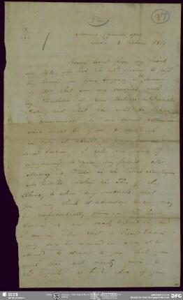 Eigenh. Brief von John Black an August Wilhelm von Schlegel, London, 04.09.1819