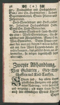 Zweyte Abhandlung. Von Geburten, Gevatter-schafften und Kind-Tauffen
